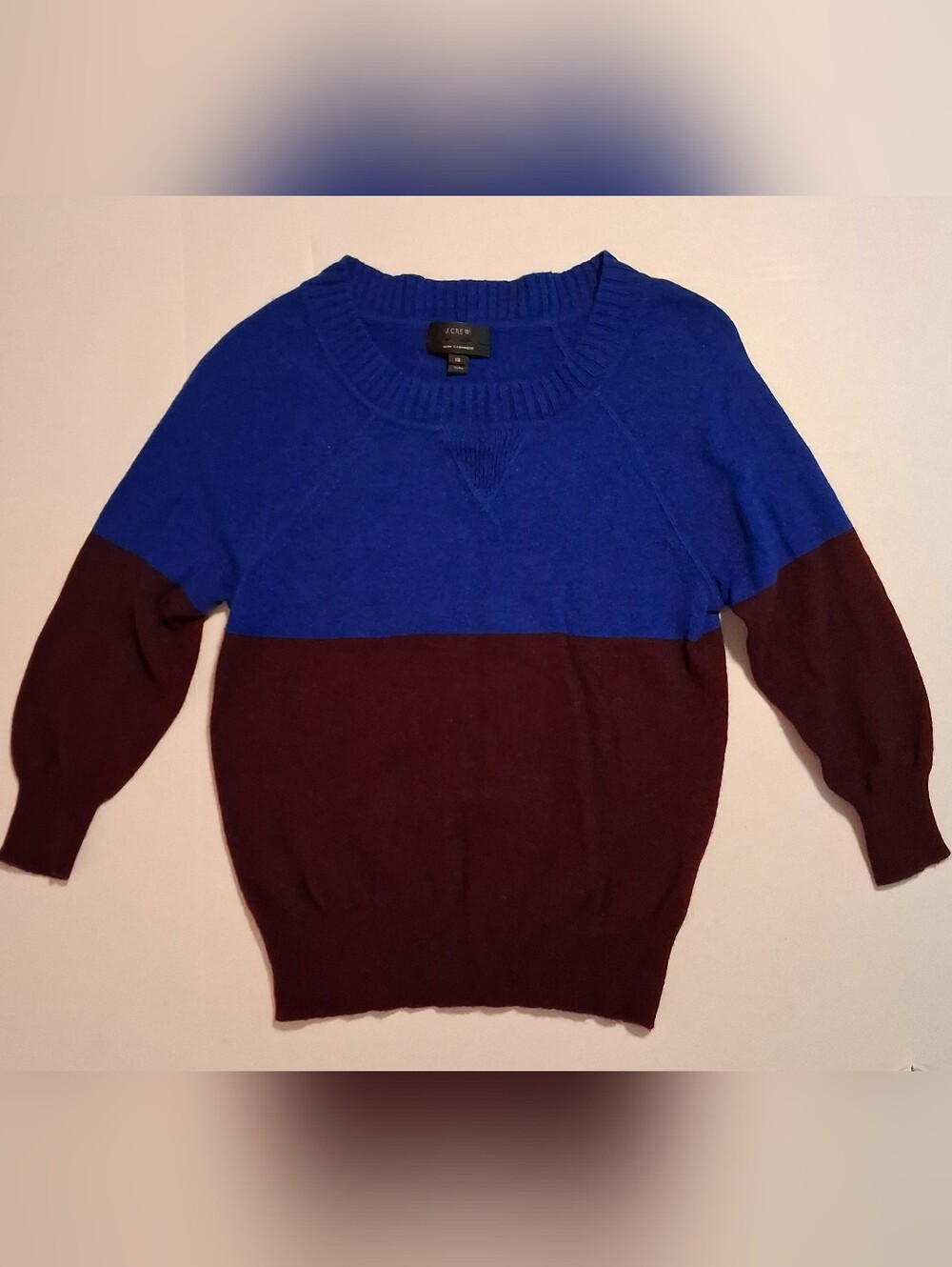 Cashmere Crewneck Sweater in Royal Blue and Burgundy